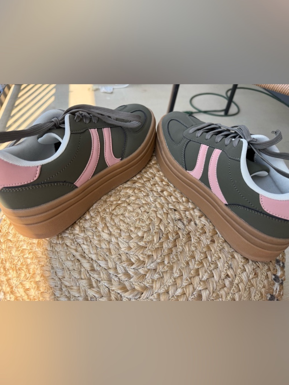 Platform Lace-Up Sneakers in Olive Green and Pink
